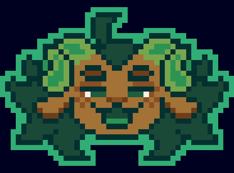 Looping pixel art GIF of my fursona, which is a green and tan ram and canine amalgamation, opening and closing it's mouth.