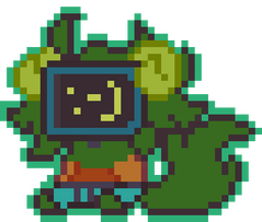 Pixel art of an alternate version of my fursona, who has a computer monitor for a face with a smiley comprised of text characters, sitting down.