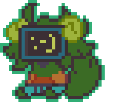 Looping pixel art GIF of an alternate version of my fursona, who has a computer monitor for a face with a smiley comprised of text characters, sitting down. It is wiggling its tail and bobbing its head up and down.